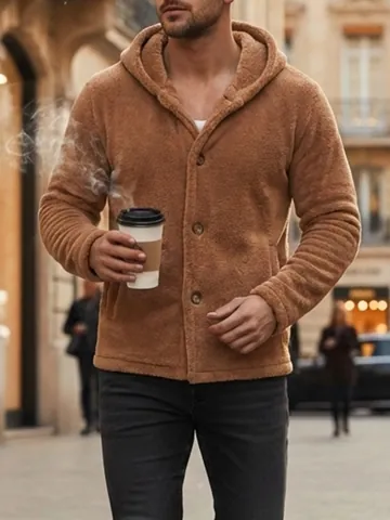 Men Hooded Jacket Coral Fleece Cardigan Winter Warm Solid Color Soft Casual Button Closure Long Sleeve Outerwear Men Clothing