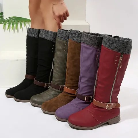 Women High-Top Martin Boots Retro Faux Leather Knit Splicing Warm Winter Boots Square Heel Side Zipper Decorative Buckle Shoes