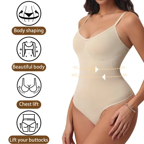 Women Seamless Shapewear Bodysuit Nylon Spandex Tummy Control Butt Lifting V-Neck Adjustable Strap Top Body Shaper