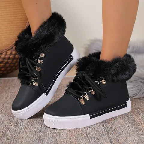 Women Snow Boots Faux Fur Trim PU Leather Lace Up Winter Warm Mid Calf Martin Boots Plus Size Outdoor Casual Cotton Shoes
