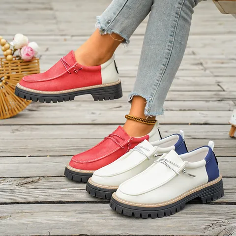 Dames Retro Platform Loafers Casual Kleurblokkering Canvas Stiksels Ronde Neus Werkschoenen Britse Stijl Slip-on Comfort Flats