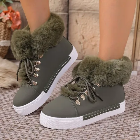 Women Snow Boots Faux Fur Trim PU Leather Lace Up Winter Warm Mid Calf Martin Boots Plus Size Outdoor Casual Cotton Shoes