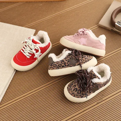 Kids Fleece Lined Sneakers Korean Fashion Star Leopard Print Thick Sole Warm Winter Casual Shoes For Boys Girls