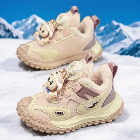 Kids Winter Warm Sneakers Swivel Buckle Non-slip Faux Fur Lined Sport Shoes For Girls Astronaut Rabbit Charm Sneakers