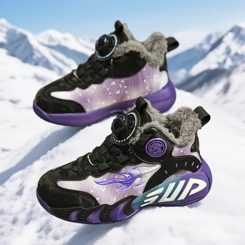 Kids Boys Winter Basketball Shoes Leather Upper Warm Plush Lining Rotary Buckle Anti Slip Shock Absorbing Sport Sneakers