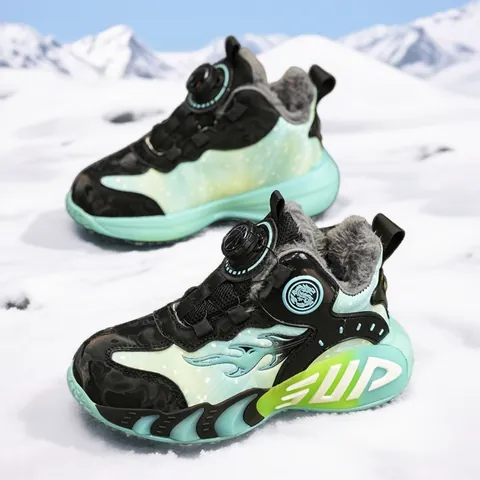 Kids Boys Winter Basketball Shoes Leather Upper Warm Plush Lining Rotary Buckle Anti Slip Shock Absorbing Sport Sneakers