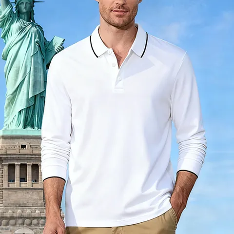 Men's Casual American Style Jacquard Polo Shirt Quick Dry Breathable Long Sleeve Golf Shirt Contrast Tipping Lapel Top