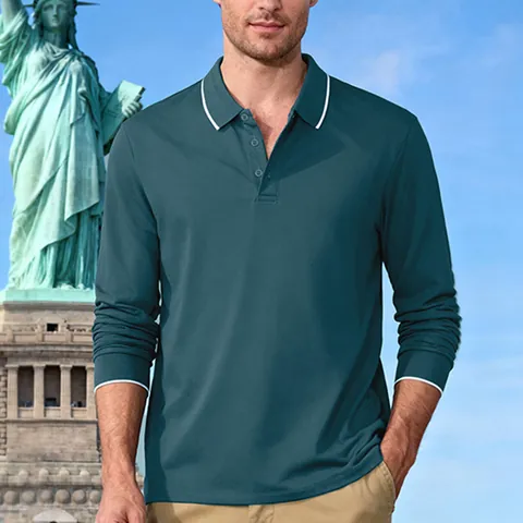 Men's Casual American Style Jacquard Polo Shirt Quick Dry Breathable Long Sleeve Golf Shirt Contrast Tipping Lapel Top