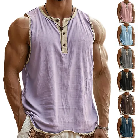 Canotta da Uomo Sportiva Senza Maniche con Scollo Henley Bordini a Contrasto Palestra Fitness Muscle Fit Traspirante