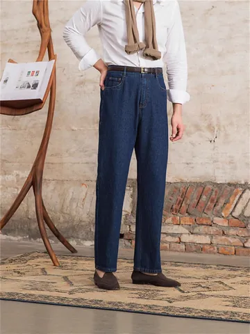 Men Slim Fit Straight Leg Cotton Denim Jeans Dark Blue Casual Mid Waist Ankle-Length Pants Washed Fashion Jeans For Men