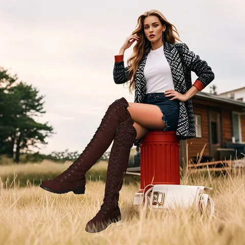 Women Over-the-Knee Boots Lace-up Suede Round Toe Square Low Heel Fashion Boots With Side Zipper Plus Size Autumn Winter