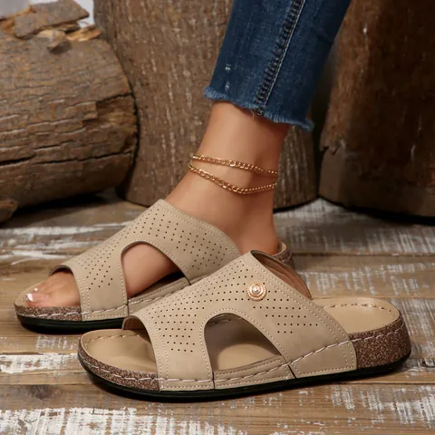 Ciabatte con Zeppa da Donna Punta Aperta Traforate in Pelle PU Suola con Texture Sughero Sandali Estivi Casual da Spiaggia Con Fibbia in Metallo