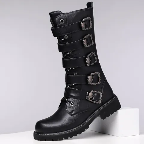 Botas Martin de Caña Alta de Cuero PU para Hombre Estilo Punk Gótico Hebillas de Calavera Cremallera Lateral Botas de Moto Suela de Goma