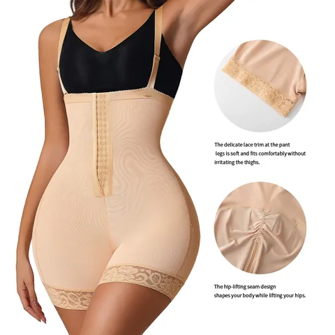Dames Corrigerende Bodysuit Hoge Taille Buikcontrole Butt Lifter Kantafwerking Polyamide Stof Haak- en Oogsluiting Shapewear