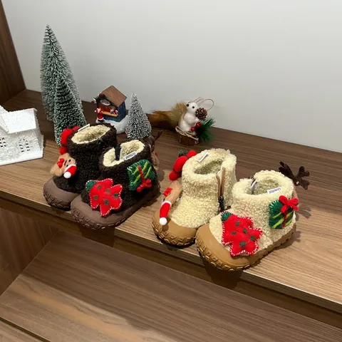 Kinder Weihnachten Schneestiefel Kleinkind Lammwolle Warm Plüsch Gefüttert Winterschuhe Jungen Mädchen Rutschfest Gummisohle Reißverschluss