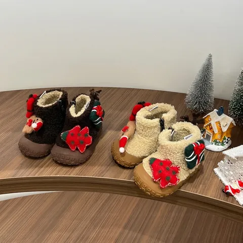 Kinder Weihnachten Schneestiefel Kleinkind Lammwolle Warm Plüsch Gefüttert Winterschuhe Jungen Mädchen Rutschfest Gummisohle Reißverschluss