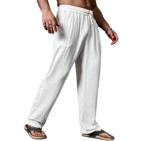 Men Summer Breathable Cotton Linen Casual Pants Loose Straight Leg Drawstring Elastic Waist Bottoms For Fashion Urban Teens