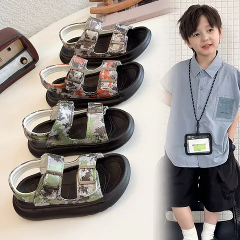 Kids Boys Girls Camouflage Sandals Summer Breathable Beach Shoes Outdoor Casual PU Rubber Sole Open Toe Stitching Strappy Shoes