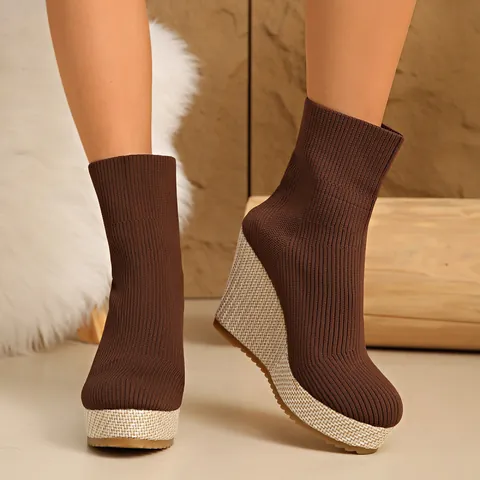 Women's Sock Ankle Boots Knitted Elastic Wedge Heel Fashion Woven Texture Shoes Solid Color High Heels Winter Boots