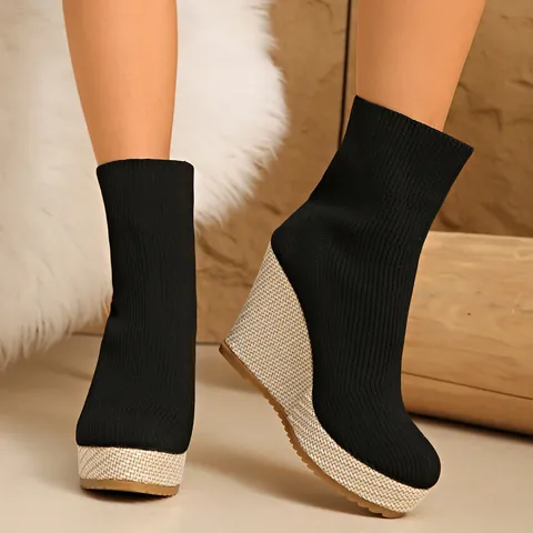 Women's Sock Ankle Boots Knitted Elastic Wedge Heel Fashion Woven Texture Shoes Solid Color High Heels Winter Boots