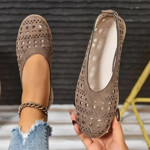 Women Hollow Out British Style Round Toe Flat Shoes Breathable Mesh Soft Sole Loafers Casual Slip On Low Top Walking Shoes