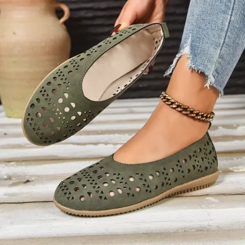 Women Hollow Out British Style Round Toe Flat Shoes Breathable Mesh Soft Sole Loafers Casual Slip On Low Top Walking Shoes