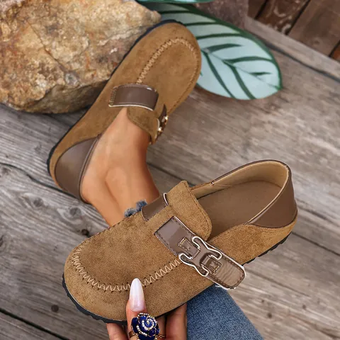 Chaussures Style Birkenstock Rétro en Daim pour Femmes Motif Léopard Boucle Plates Décontractées Bout Rond Sabots Mocassins