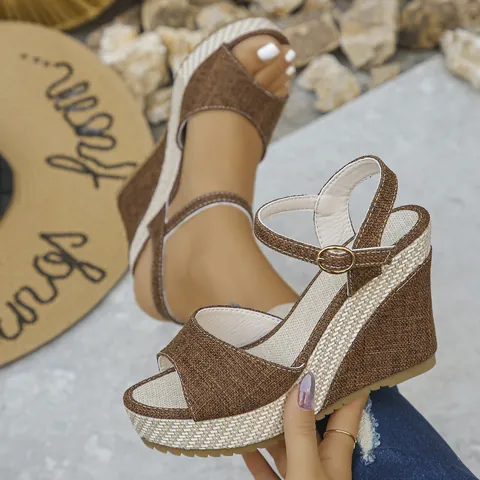 Damen Plateau Keilsandaletten Römischer Stil Espadrilles Knöchelriemen Peep Toe Sandaletten Mit Hohem Absatz Sommer Casual Urlaub Schuhe