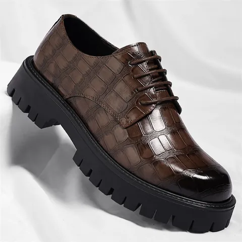 Chaussures Oxford pour Hommes Style Britannique Motif Crocodile Gauffré Plateforme Bout Rond Business Décontracté Lacets