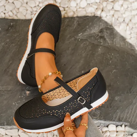 Scarpe Mary Jane Casual da Donna Traforate Traspiranti in Pelle PU Scarpe Basse con Cinturino con Fibbia Leggere e Comode Scarpe da Passeggio