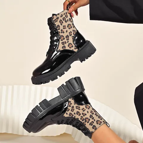 Women Leopard Print Patchwork Martin Boots Round Toe Chunky High Heel Lace Up Ankle Boots Color Blocking Fashion Shoes 2025