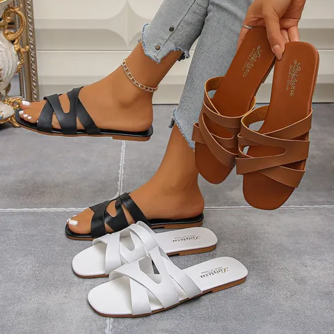 Women Summer Casual Open Toe Sandals Fashion Cross Strap Flat Slides PU Leather Slides Beach Outdoor Sandals Daily Comfort Shoes