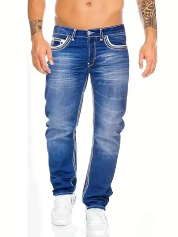 Jeans in Denim di Cotone Slim Fit da Uomo Con Doppia Impuntura a Contrasto Lavato Gamba Dritta Pantaloni Casual Moda Uomo