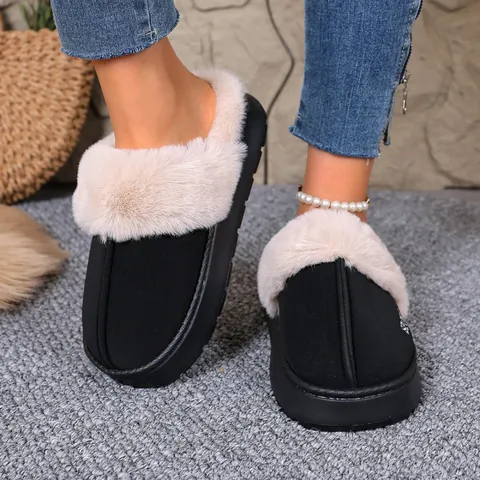Winter Warm Faux Fur Trim Home Slippers For Women Men Soft Suede Upper Thick Sole Non Slip Indoor Outdoor Comfortable House Shoes
