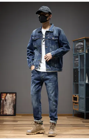 Men Casual Denim Suit Set Washed Blue Denim Jacket And Straight Leg Pants Autumn Fashion Two Piece Outfit For Men
