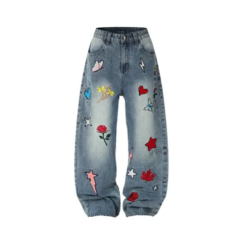 Men Women American Street Style Heavy Embroidery Denim Jeans Loose Straight Dopamine Butterfly Star Graphic Blue Long Pants