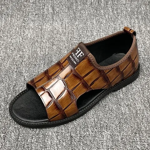 Sandalias Casuales para Hombre Talla Grande Verano Patrón de Cocodrilo Relieve Cuero Microfibra Zapatos Romanos Playa Antideslizante Transpirable