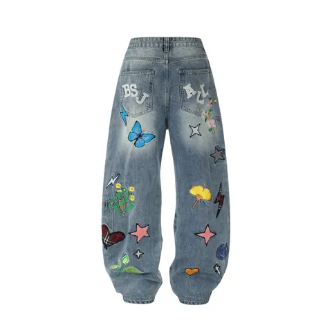 Men Women American Street Style Heavy Embroidery Denim Jeans Loose Straight Dopamine Butterfly Star Graphic Blue Long Pants