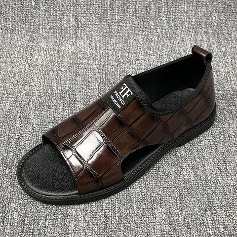 Men's Casual Crocodile Pattern Sandals Open Toe Breathable Slip-on Beach Leather Shoes Large Size