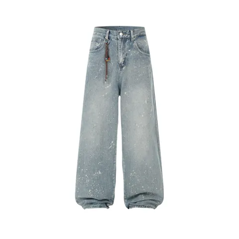 American Vintage Washed Blue Ink Splash Rhinestone Wide Leg Jeans Men Women Loose Straight Streetwear Denim Pants
