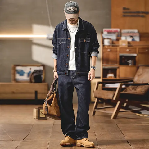 Herren American Vintage Lyocell Denim Jacke Und Hose Set Lockere Passform High End Retro Casual Farbecht Workwear Top And Bottom