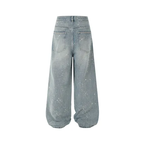 American Vintage Washed Blue Ink Splash Rhinestone Wide Leg Jeans Men Women Loose Straight Streetwear Denim Pants