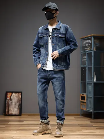 Men Casual Denim Suit Set Washed Blue Denim Jacket And Straight Leg Pants Autumn Fashion Two Piece Outfit For Men