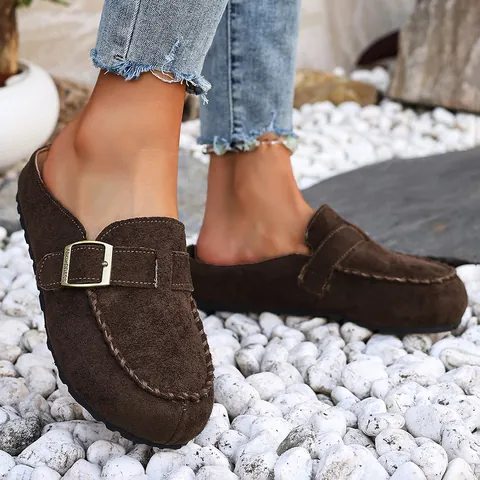 Women's Vintage Closed Toe Mules With Metal Buckle Strap Thick Sole Platform Comfort Clogs Casual Suede Look Slip On Slippers