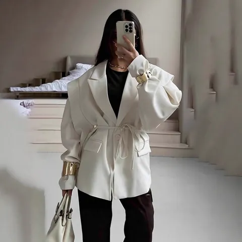 Elegant Women's V-Neck Waist Tie Slim Fit Blazer Jacket Floral Print Long Sleeve Casual Top For Autumn Winter Fashion