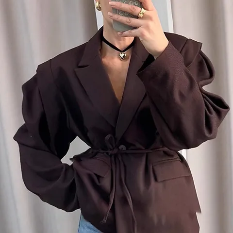 Elegant Women's V-Neck Waist Tie Slim Fit Blazer Jacket Floral Print Long Sleeve Casual Top For Autumn Winter Fashion