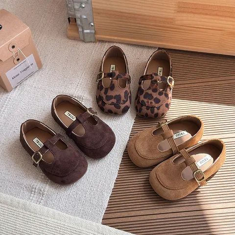 Girls Vintage Mary Jane Shoes 2025 Spring Autumn Kids Fashion T-Strap Flat Shoes Leopard PU Leather Non-Slip Soft Sole Casual Shoes