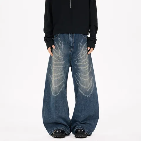 Men's High Street Loose Curved Leg Jeans Chenille Rabbit Hair Laser Butterfly Rhinestone Graphic Baggy Denim Pants Blue