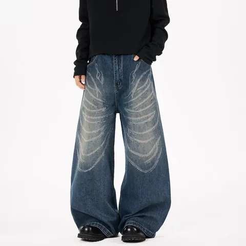 Men's High Street Loose Curved Leg Jeans Chenille Rabbit Hair Laser Butterfly Rhinestone Graphic Baggy Denim Pants Blue