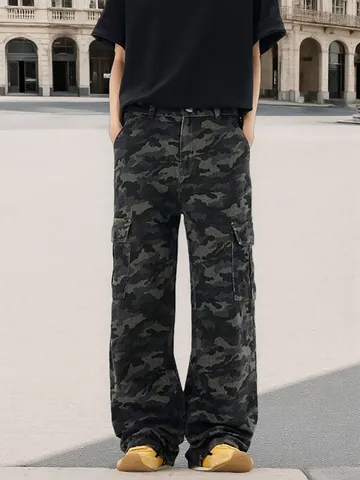 Men's American Hip-Hop Camouflage Cargo Jeans Wide Leg Straight Loose Cotton Wash Multi-Pocket Denim Bottom